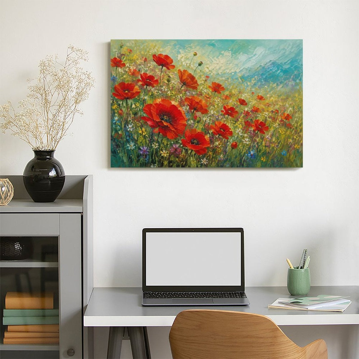 Red Poppy Wildflower Meadow Framed Canvas Wall Art | Impressionist Floral Field Print
