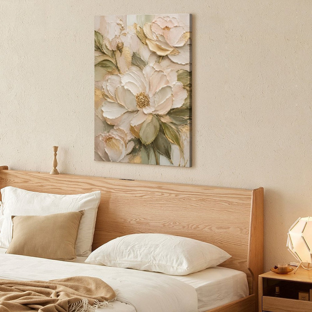 Cream Gold Peony Textured Framed Canvas Wall Art | Luxury Floral Relief Print