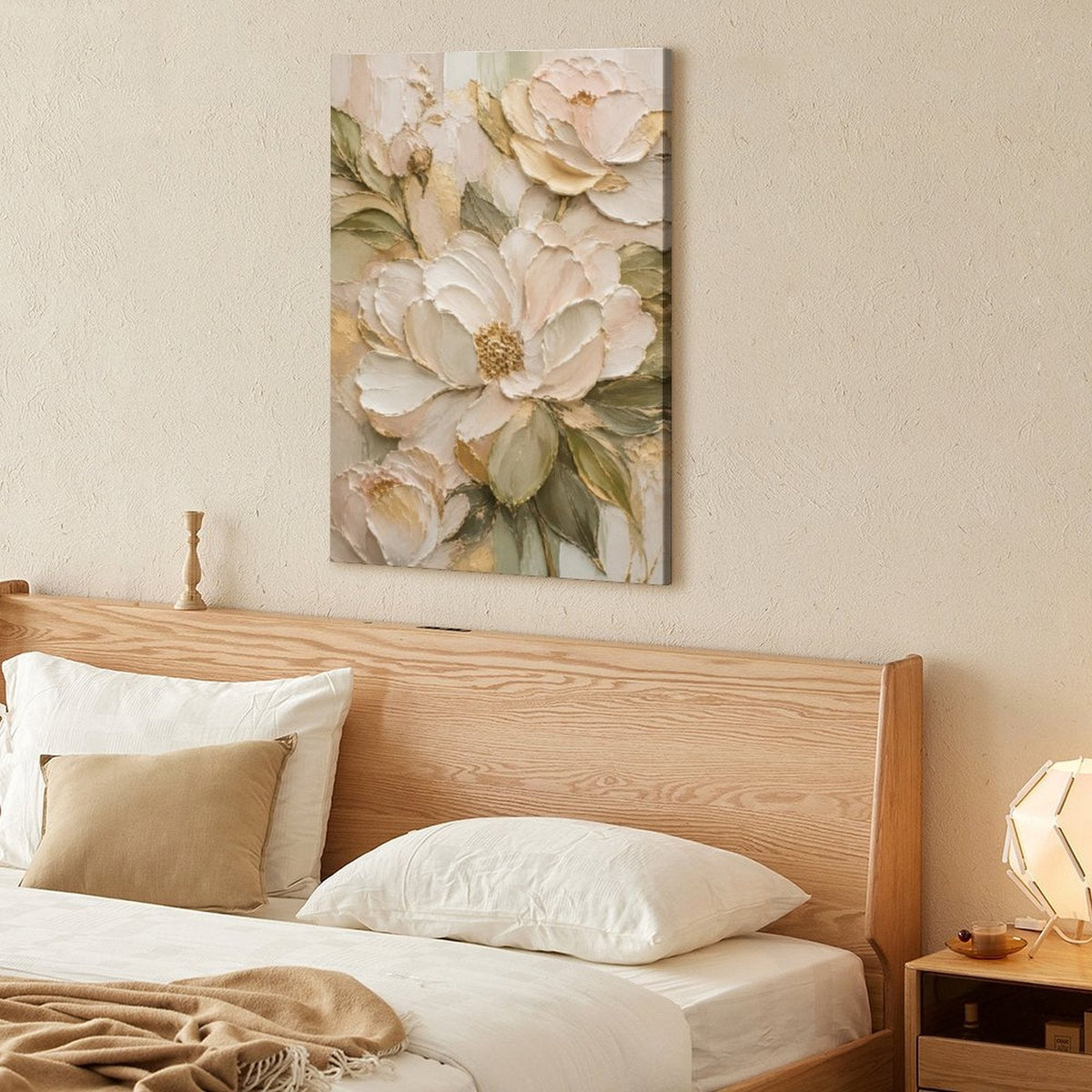 Cream Gold Peony Textured Framed Canvas Wall Art | Luxury Floral Relief Print