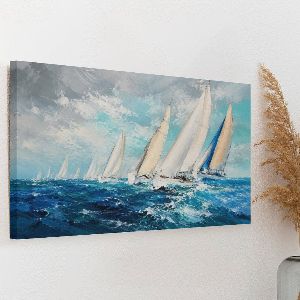 Sailing Regatta Ocean Race Framed Canvas Wall Art | Impressionist Nautical Seascape Print