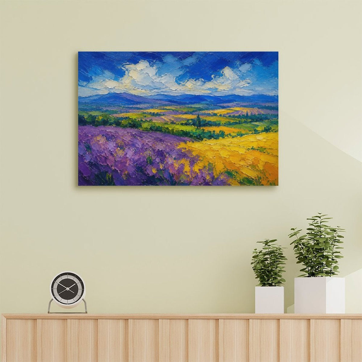 Provence Lavender Field Impressionist Framed Canvas Wall Art | Purple Yellow Landscape Textured Print