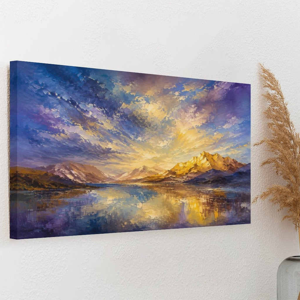 Purple Gold Dramatic Sky Mountain Lake Framed Canvas Wall Art | Impressionist Landscape Print
