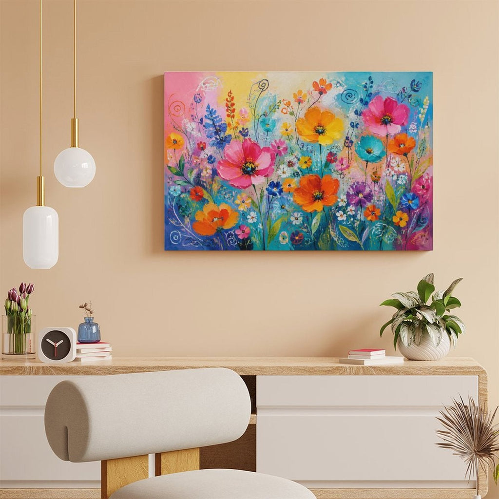 Colorful Wildflower Garden Framed Canvas Wall Art | Joyful Floral Rainbow Print