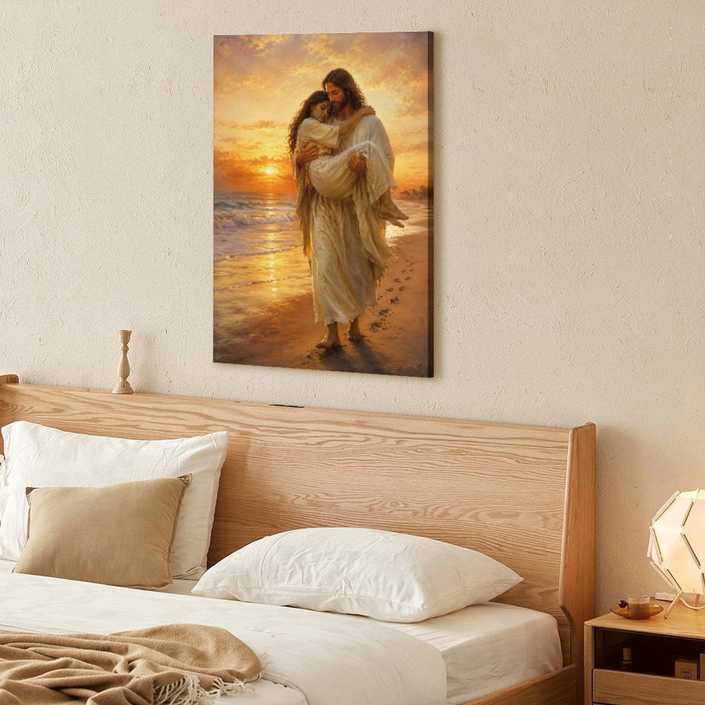 Jesus Carrying Woman Footprints Beach Sunset Framed Canvas Wall Art | Inspirational Religious Print