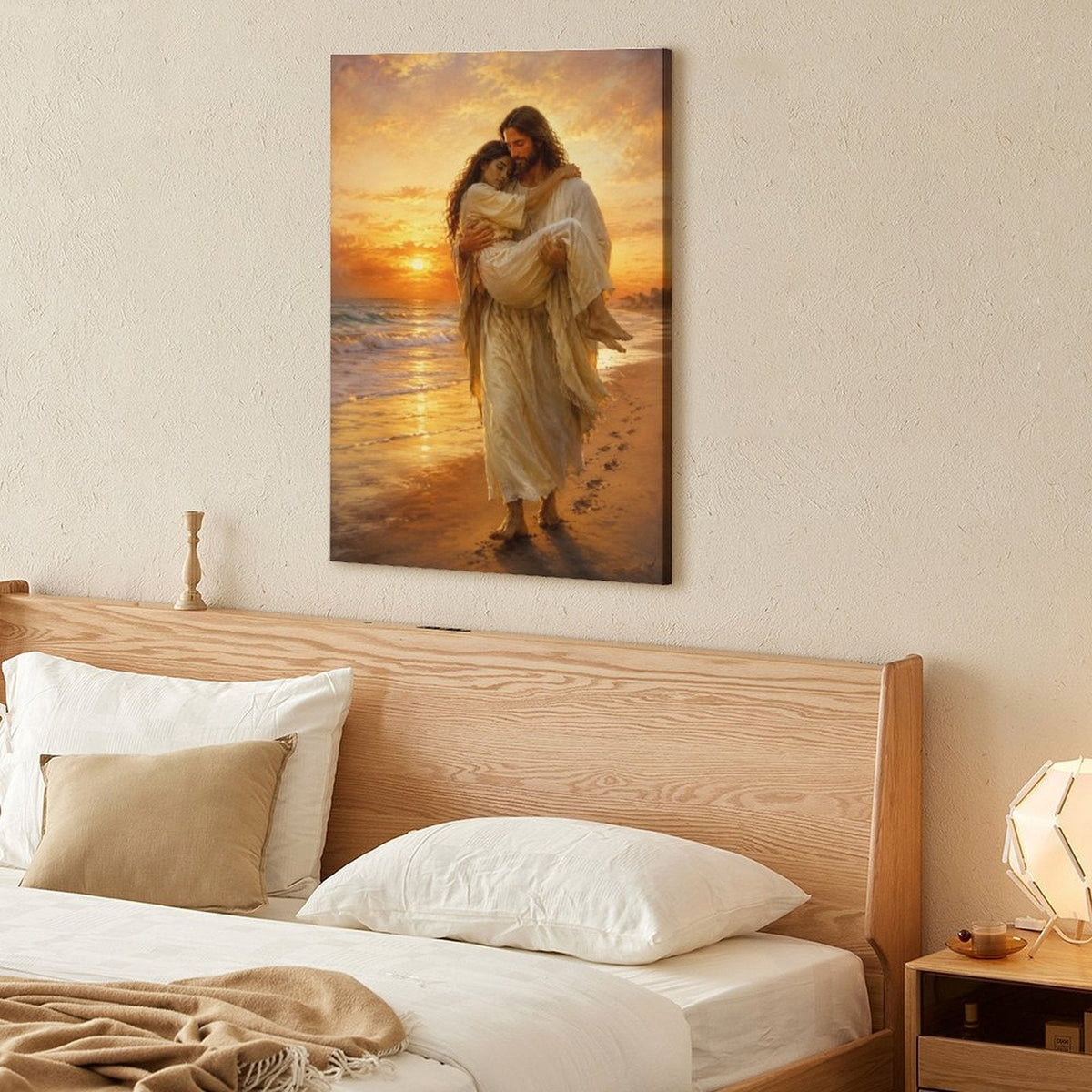 Jesus Carrying Woman Footprints Beach Sunset Framed Canvas Wall Art | Inspirational Religious Print