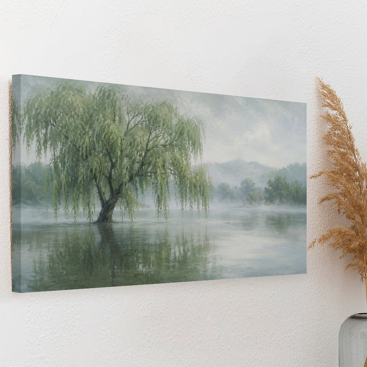 Misty Willow Tree Lake Reflection Framed Canvas Wall Art | Serene Chinese Landscape Print