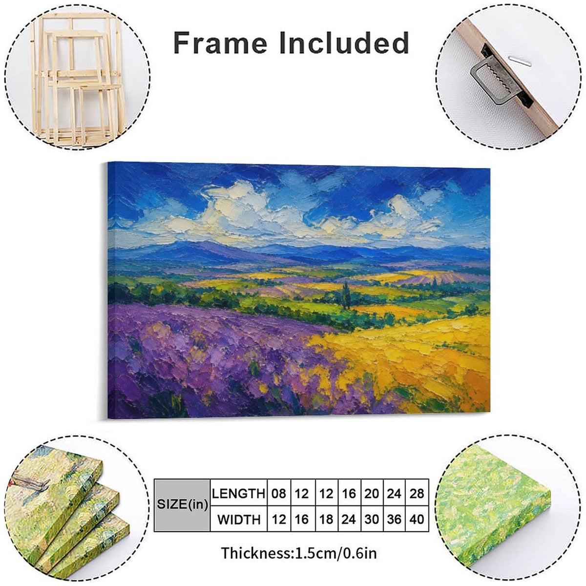 Provence Lavender Field Impressionist Framed Canvas Wall Art | Purple Yellow Landscape Textured Print