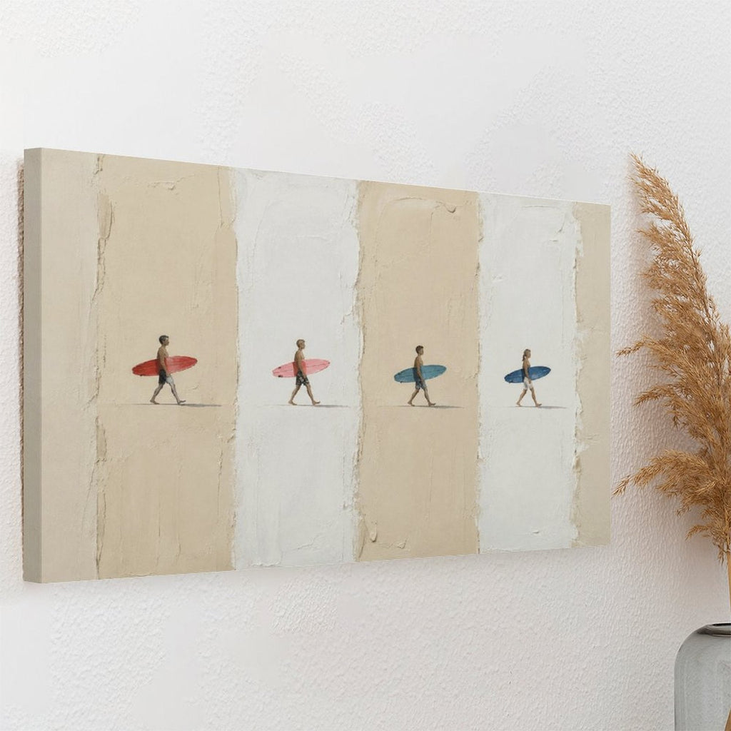 Four Surfers Colorful Boards Minimalist Framed Canvas Wall Art | Coastal Beach Stripe Print