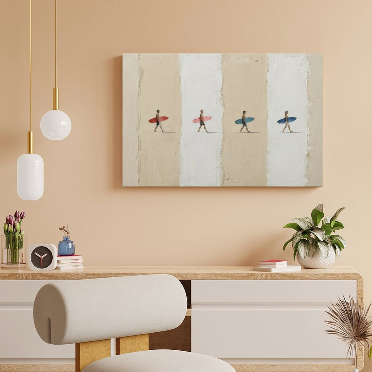 Four Surfers Colorful Boards Minimalist Framed Canvas Wall Art | Coastal Beach Stripe Print