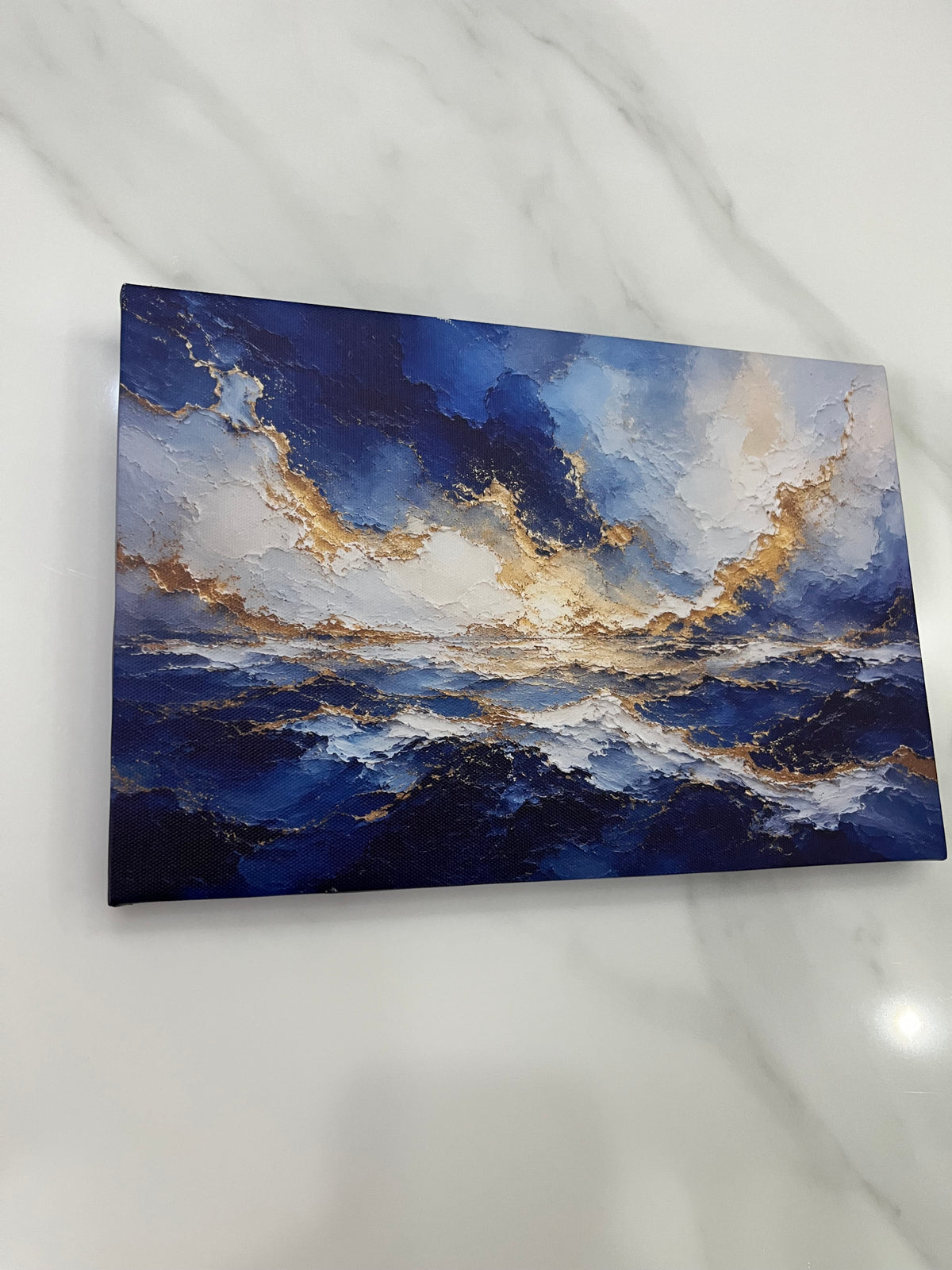 Abstract Navy Blue Gold Ocean Storm Framed Canvas Wall Art | Luxury Seascape Textured Print