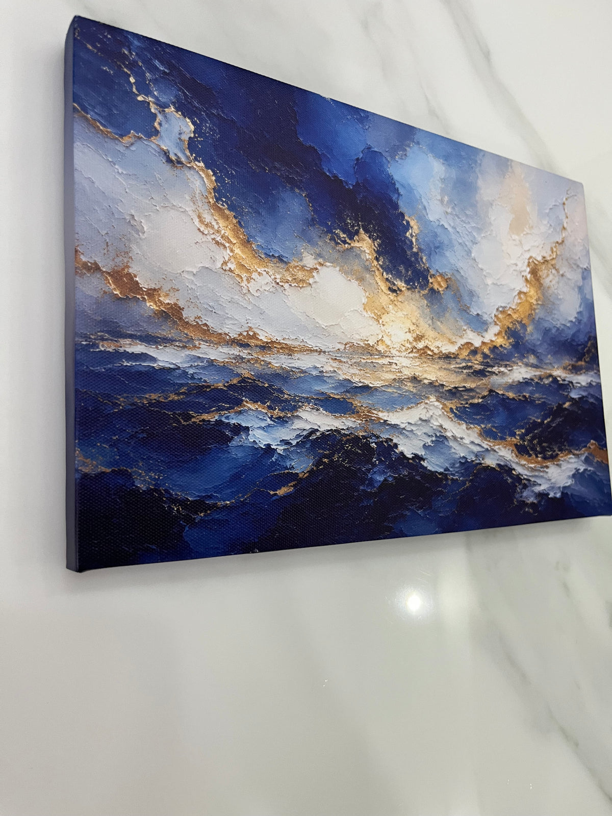 Abstract Navy Blue Gold Ocean Storm Framed Canvas Wall Art | Luxury Seascape Textured Print