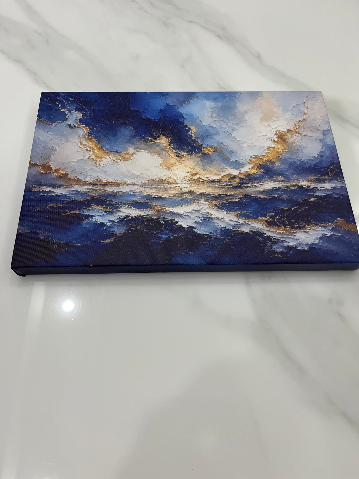 Abstract Navy Blue Gold Ocean Storm Framed Canvas Wall Art | Luxury Seascape Textured Print