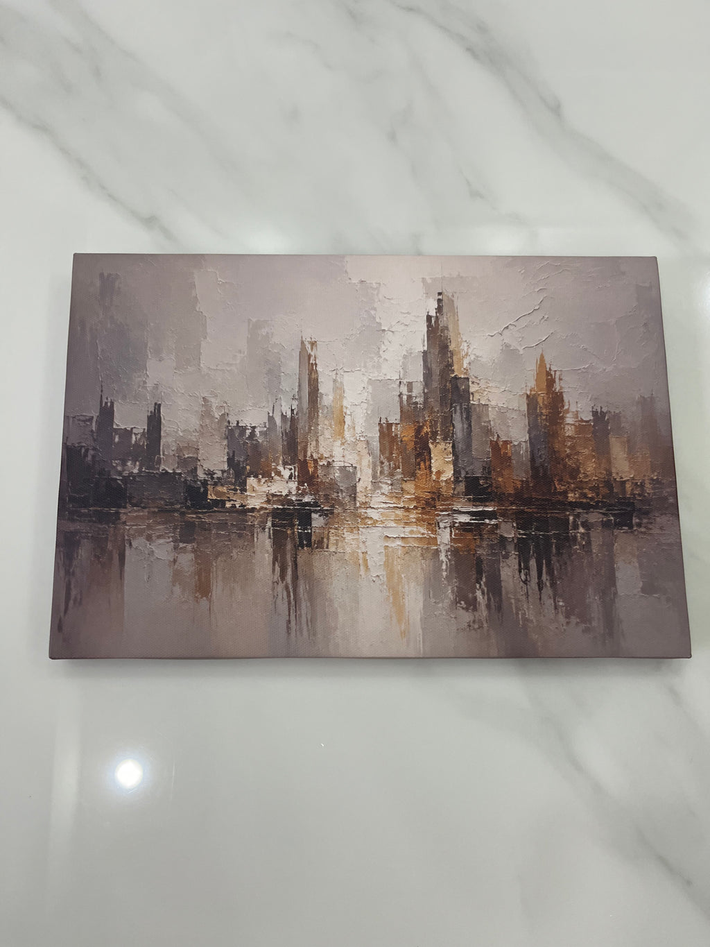 Abstract City Skyline Gold Grey Framed Canvas Wall Art | Modern Urban Textured Landscape Print