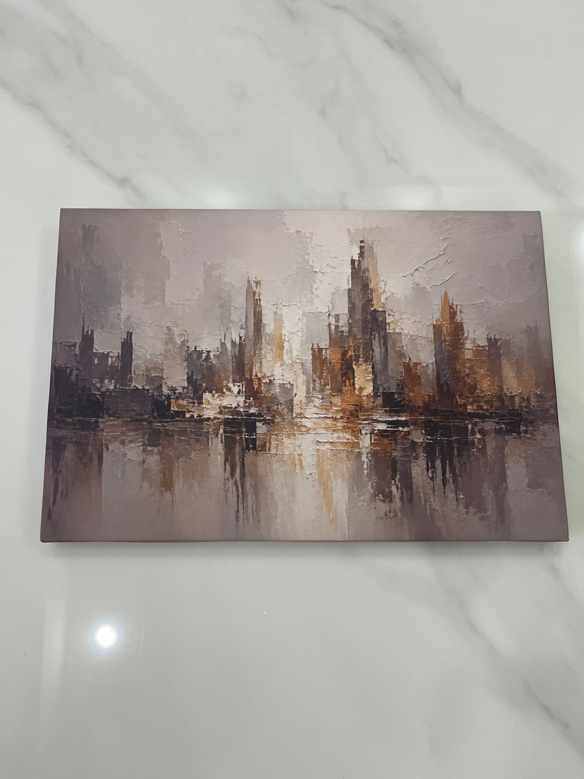 Abstract City Skyline Gold Grey Framed Canvas Wall Art | Modern Urban Textured Landscape Print
