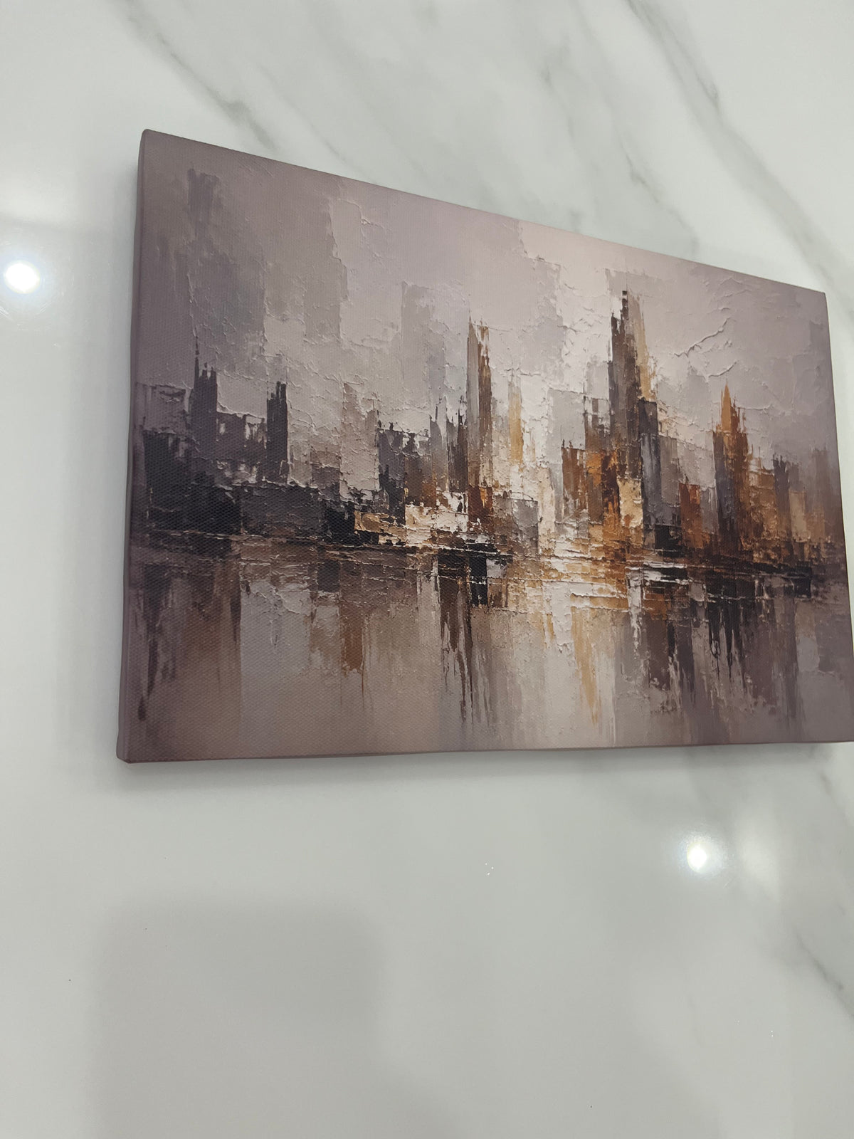 Abstract City Skyline Gold Grey Framed Canvas Wall Art | Modern Urban Textured Landscape Print