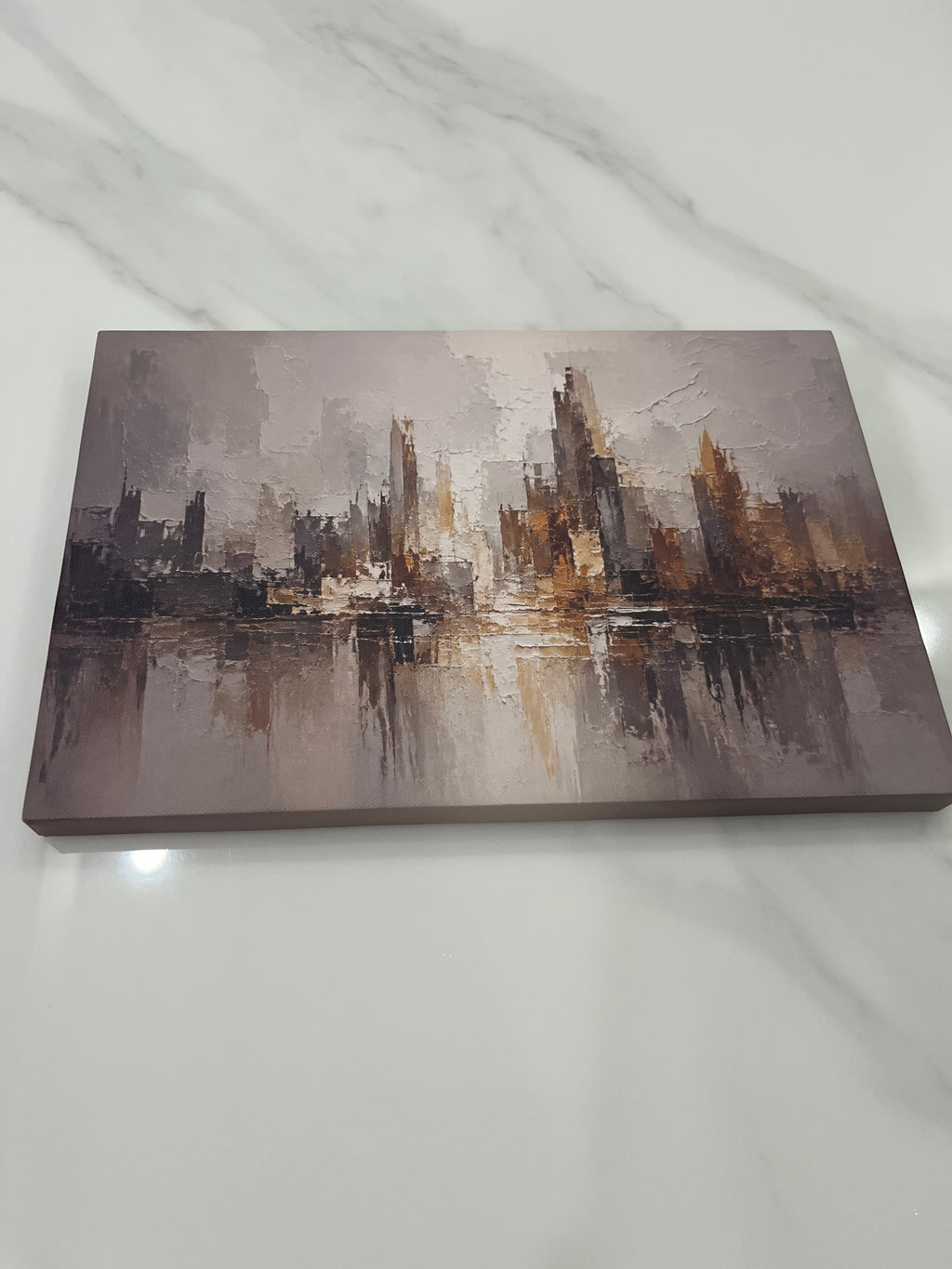 Abstract City Skyline Gold Grey Framed Canvas Wall Art | Modern Urban Textured Landscape Print