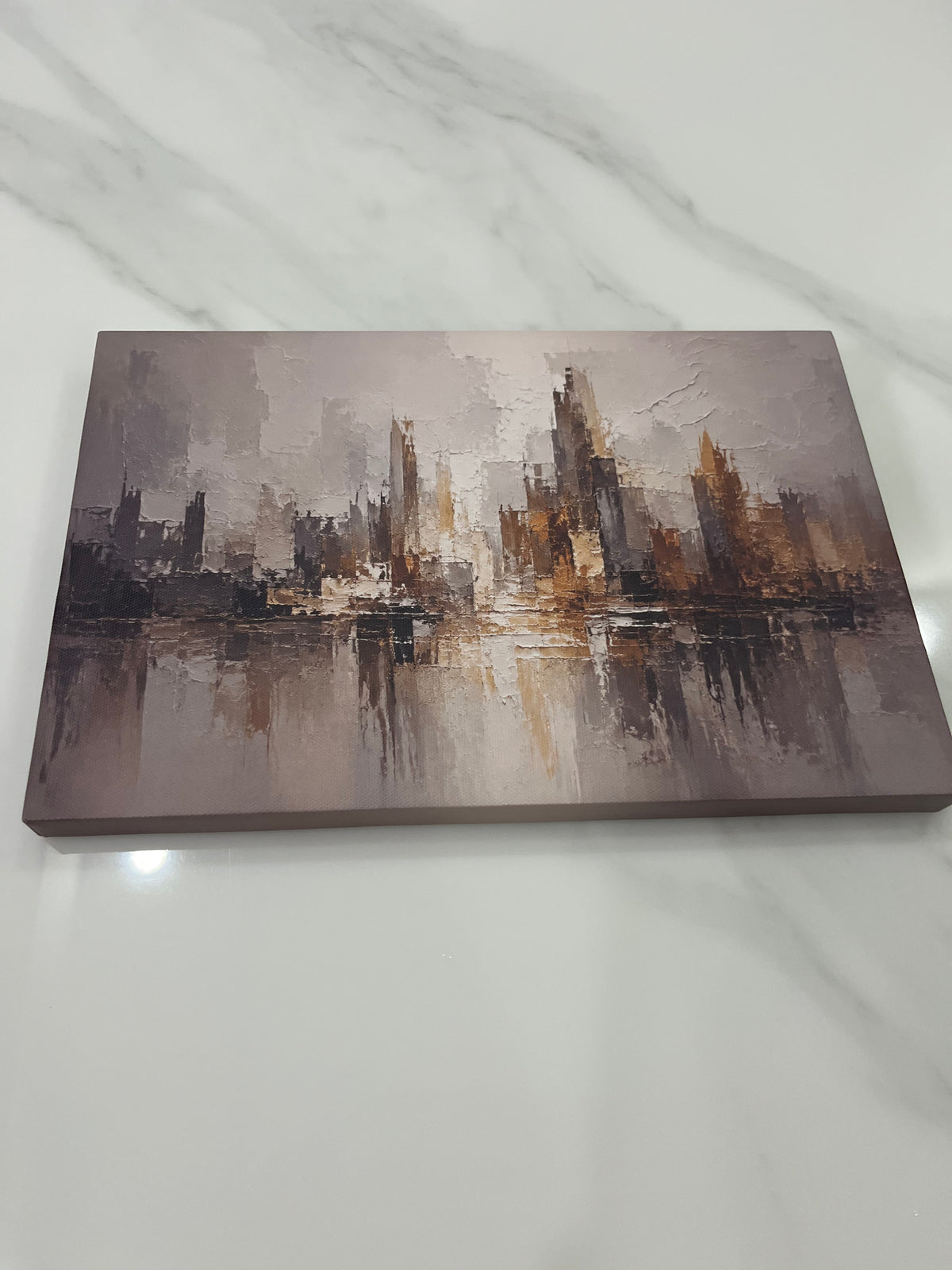 Abstract City Skyline Gold Grey Framed Canvas Wall Art | Modern Urban Textured Landscape Print