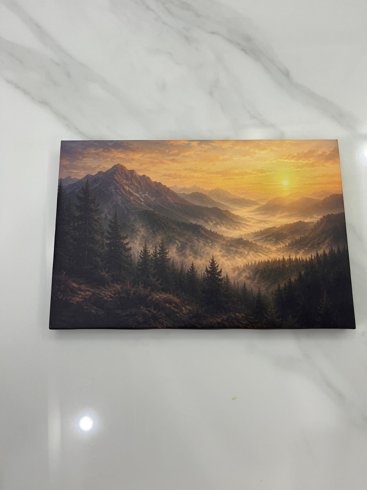 Alpine Mountain Valley Sunrise Framed Canvas Wall Art | Old Master Golden Landscape Print