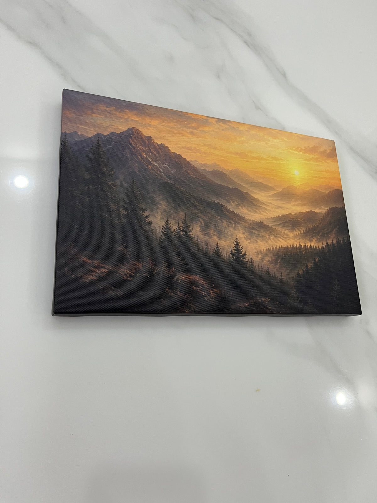 Alpine Mountain Valley Sunrise Framed Canvas Wall Art | Old Master Golden Landscape Print