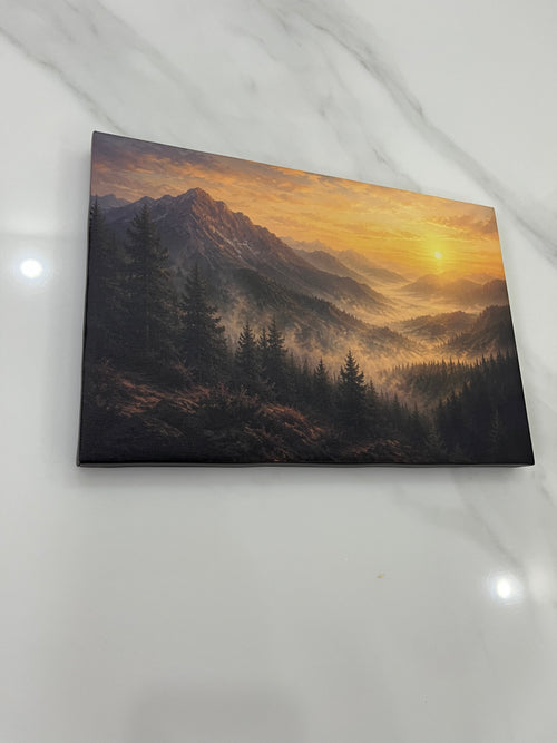 Alpine Mountain Valley Sunrise Framed Canvas Wall Art | Old Master Golden Landscape Print