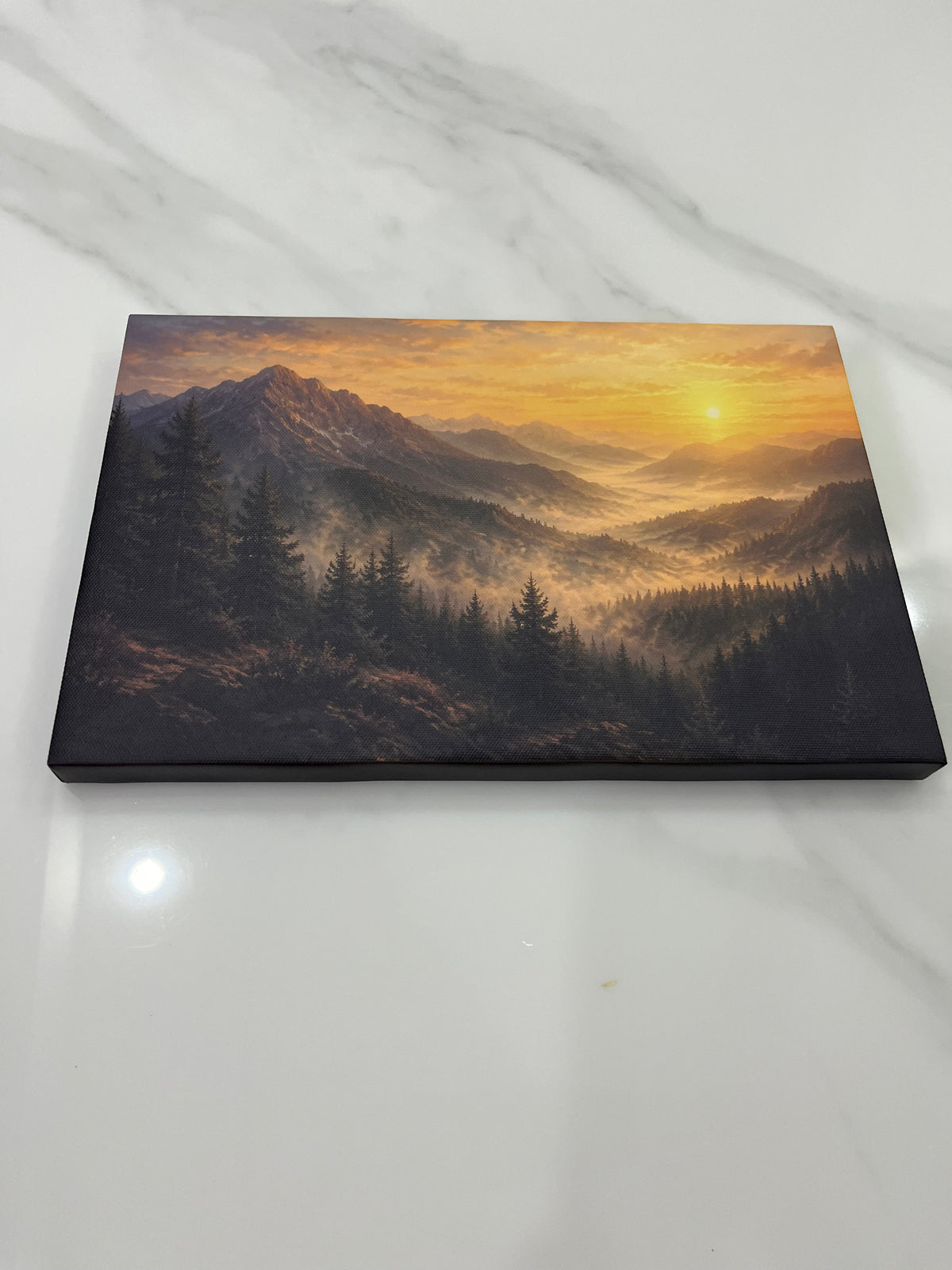 Alpine Mountain Valley Sunrise Framed Canvas Wall Art | Old Master Golden Landscape Print