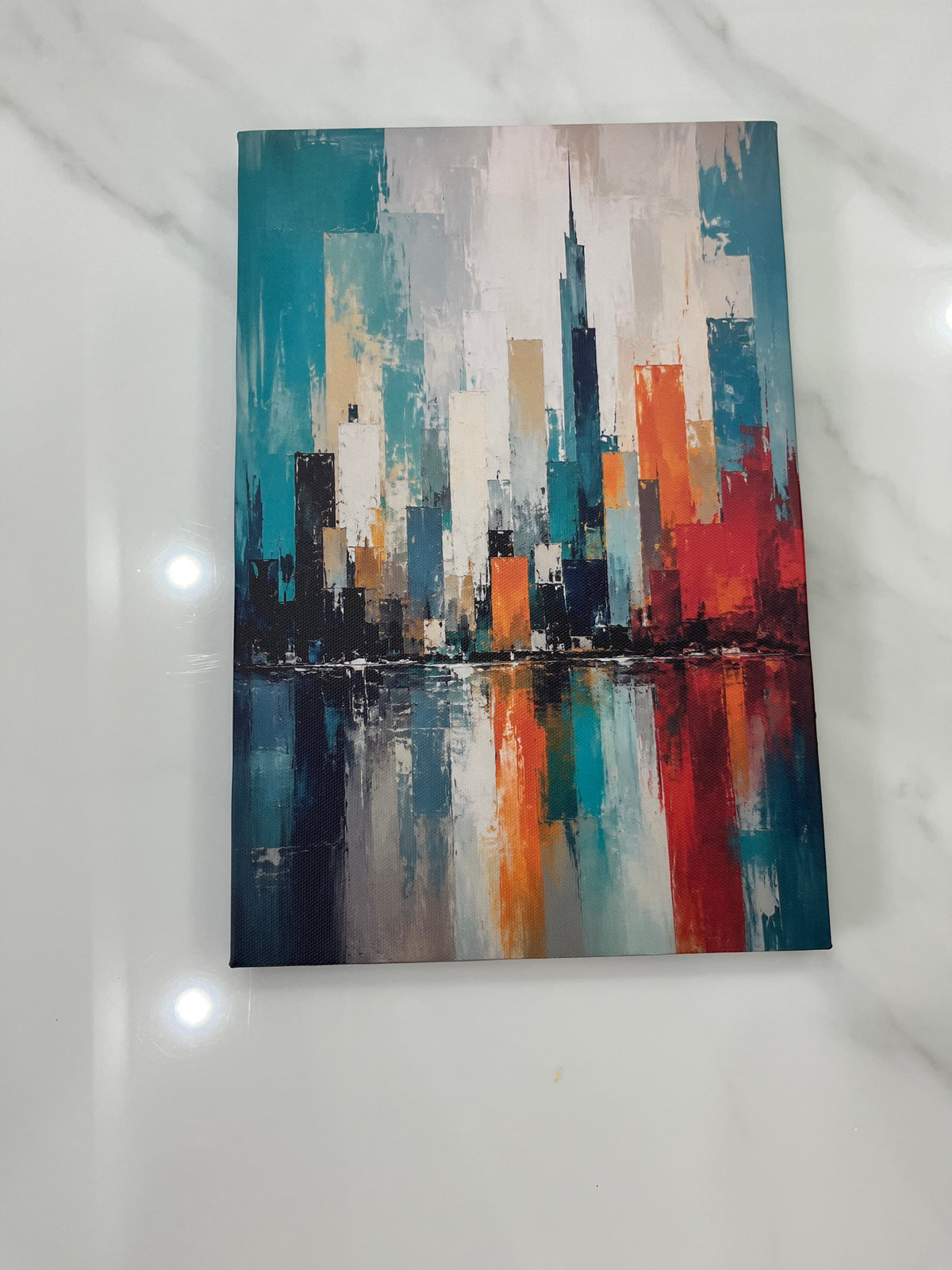 Abstract City Skyline Teal Orange Framed Canvas Wall Art | Modern Urban Palette Knife Print