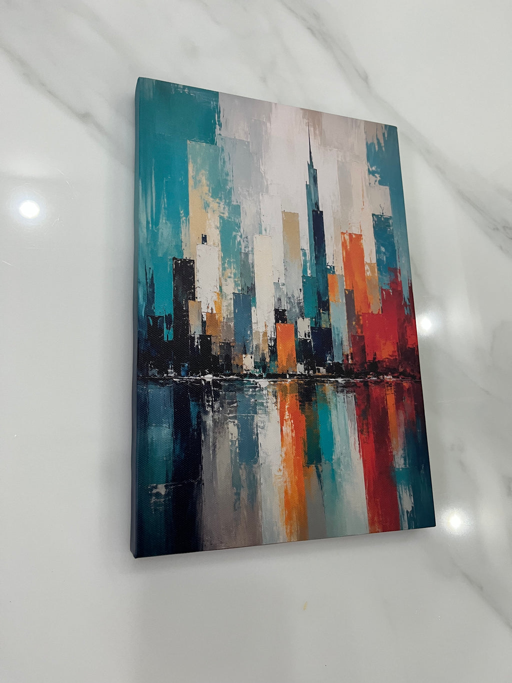 Abstract City Skyline Teal Orange Framed Canvas Wall Art | Modern Urban Palette Knife Print