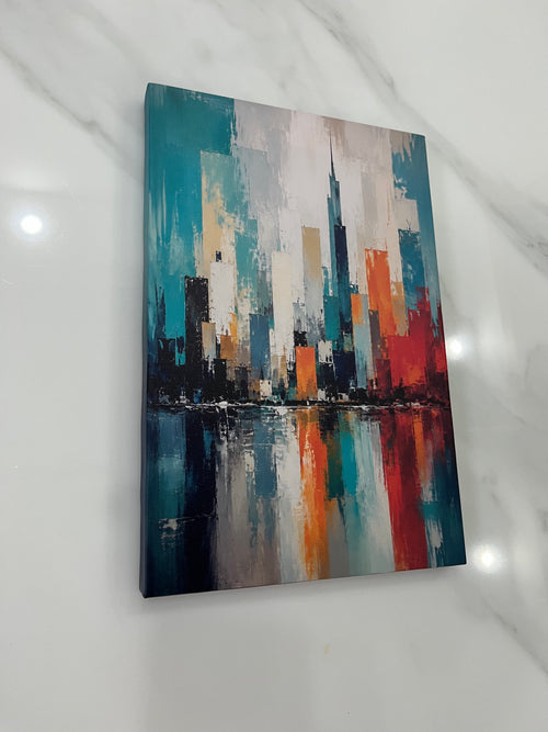Abstract City Skyline Teal Orange Framed Canvas Wall Art | Modern Urban Palette Knife Print