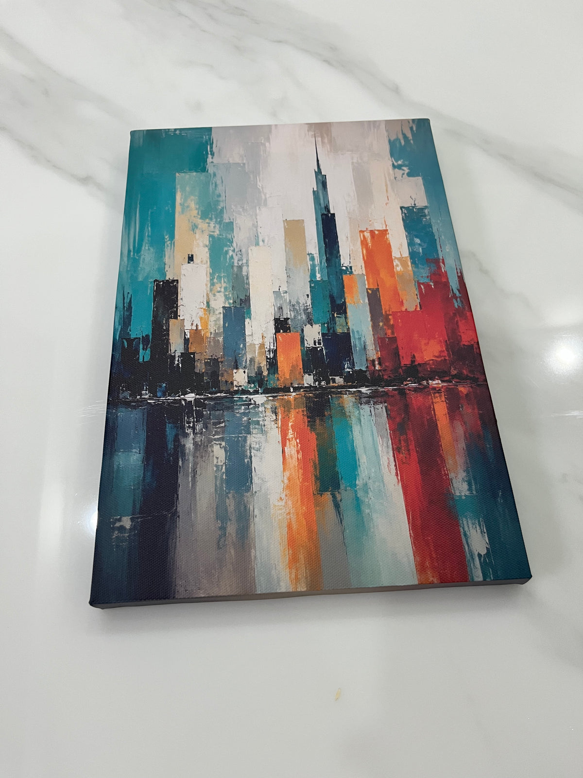 Abstract City Skyline Teal Orange Framed Canvas Wall Art | Modern Urban Palette Knife Print