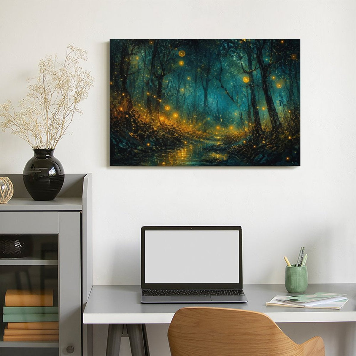 Firefly Enchanted Forest Night Framed Canvas Wall Art | Magical Dark Woodland Stream Print