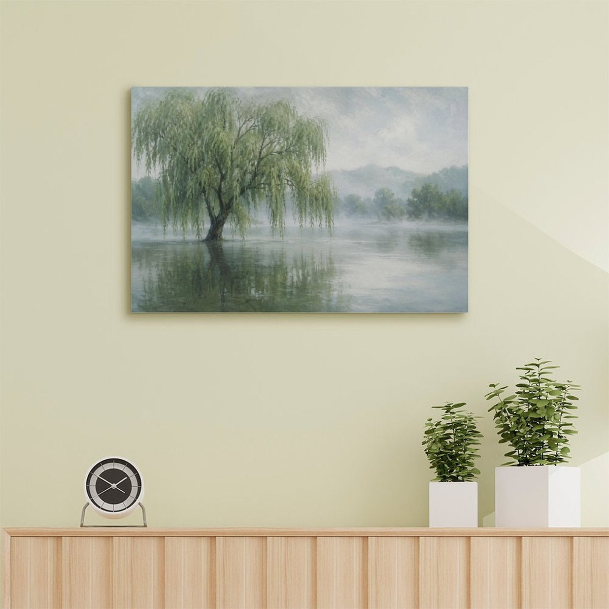 Misty Willow Tree Lake Reflection Framed Canvas Wall Art | Serene Chinese Landscape Print