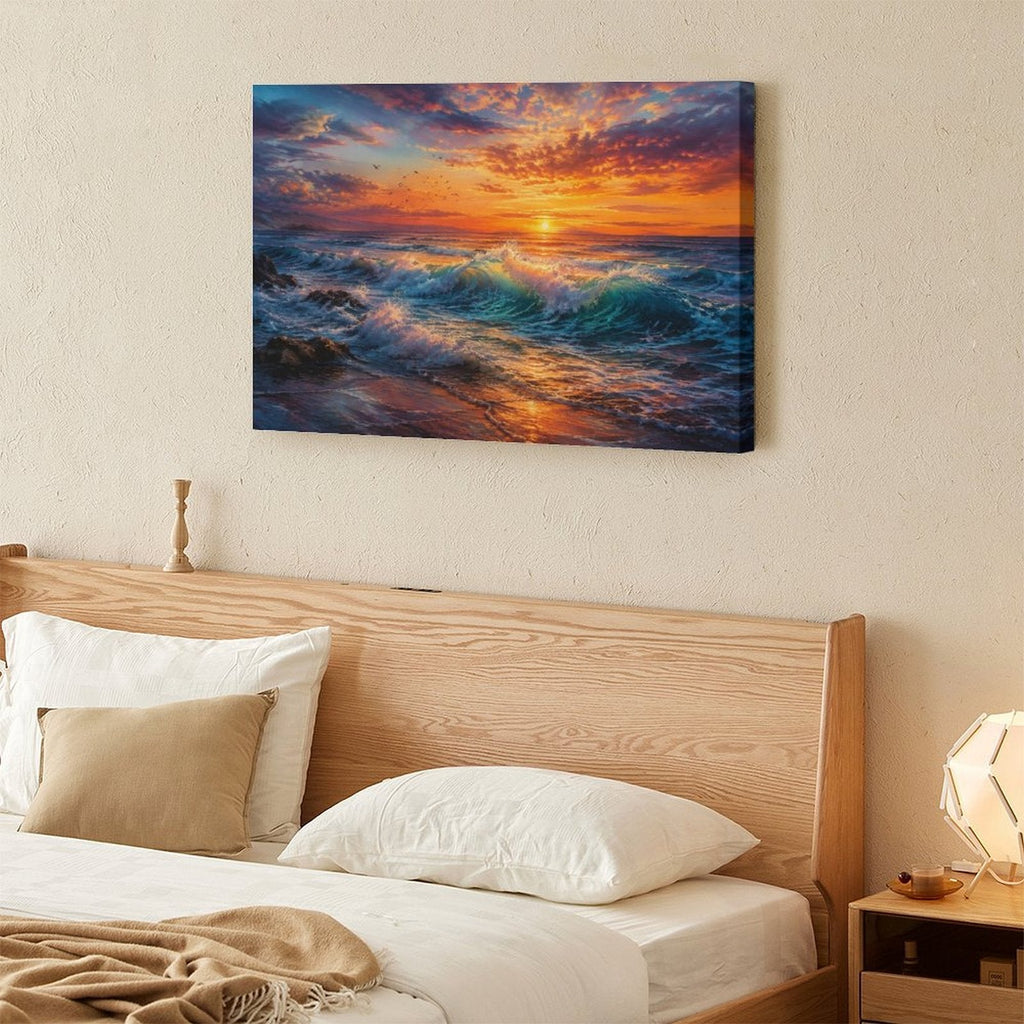 Dramatic Ocean Wave Sunset Framed Canvas Wall Art | Teal Crashing Wave Seascape Print