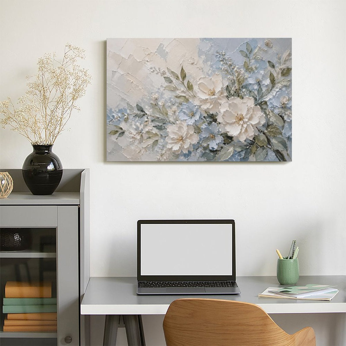 White Peony Blue Floral Textured Framed Canvas Wall Art | French Cottage Botanical Relief Print