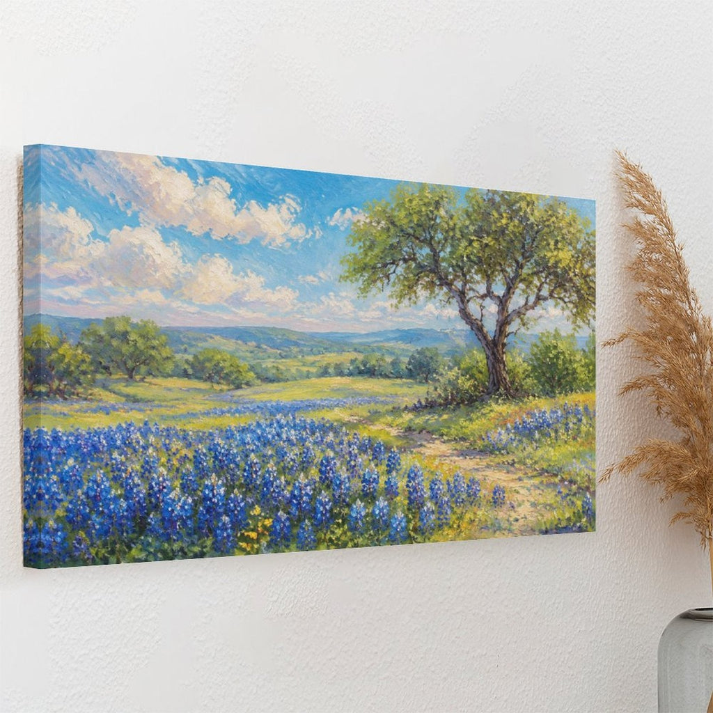 Texas Bluebonnet Field Oak Tree Framed Canvas Wall Art | Impressionist Spring Meadow Print