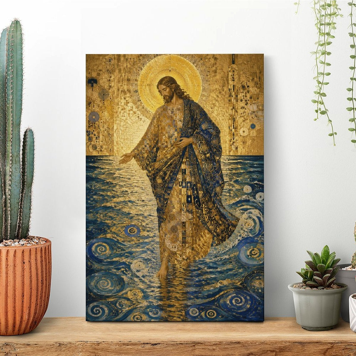 Jesus Walking on Water Klimt-Style Framed Canvas Wall Art | Gold Mosaic Religious Print