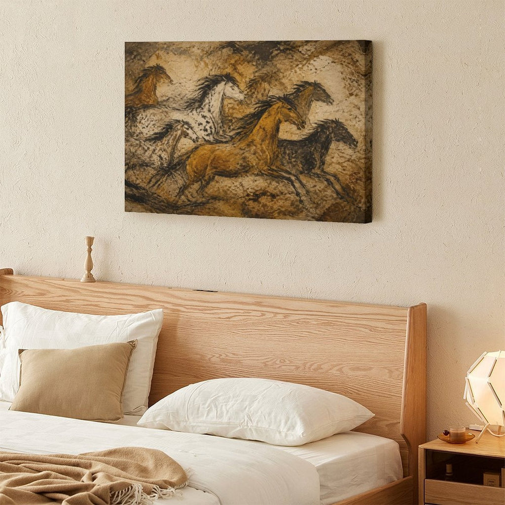Cave Painting Wild Horses Framed Canvas Wall Art | Prehistoric Primitive Equestrian Print
