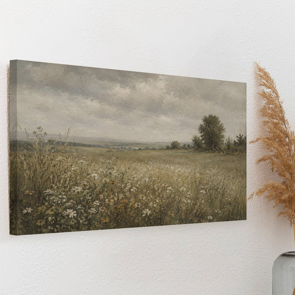 English Country Meadow Daisy Field Framed Canvas Wall Art | Vintage Moody Landscape Print