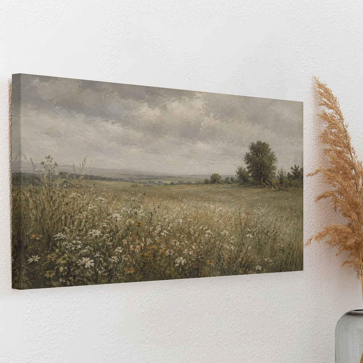 English Country Meadow Daisy Field Framed Canvas Wall Art | Vintage Moody Landscape Print