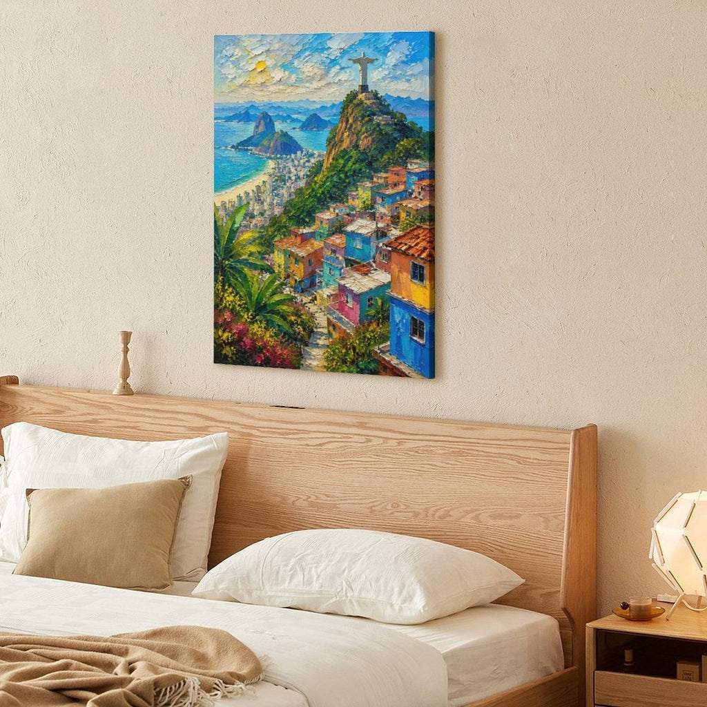 Rio de Janeiro Christ the Redeemer Favela Panorama Framed Canvas Wall Art | Impressionist Brazil Cityscape Print