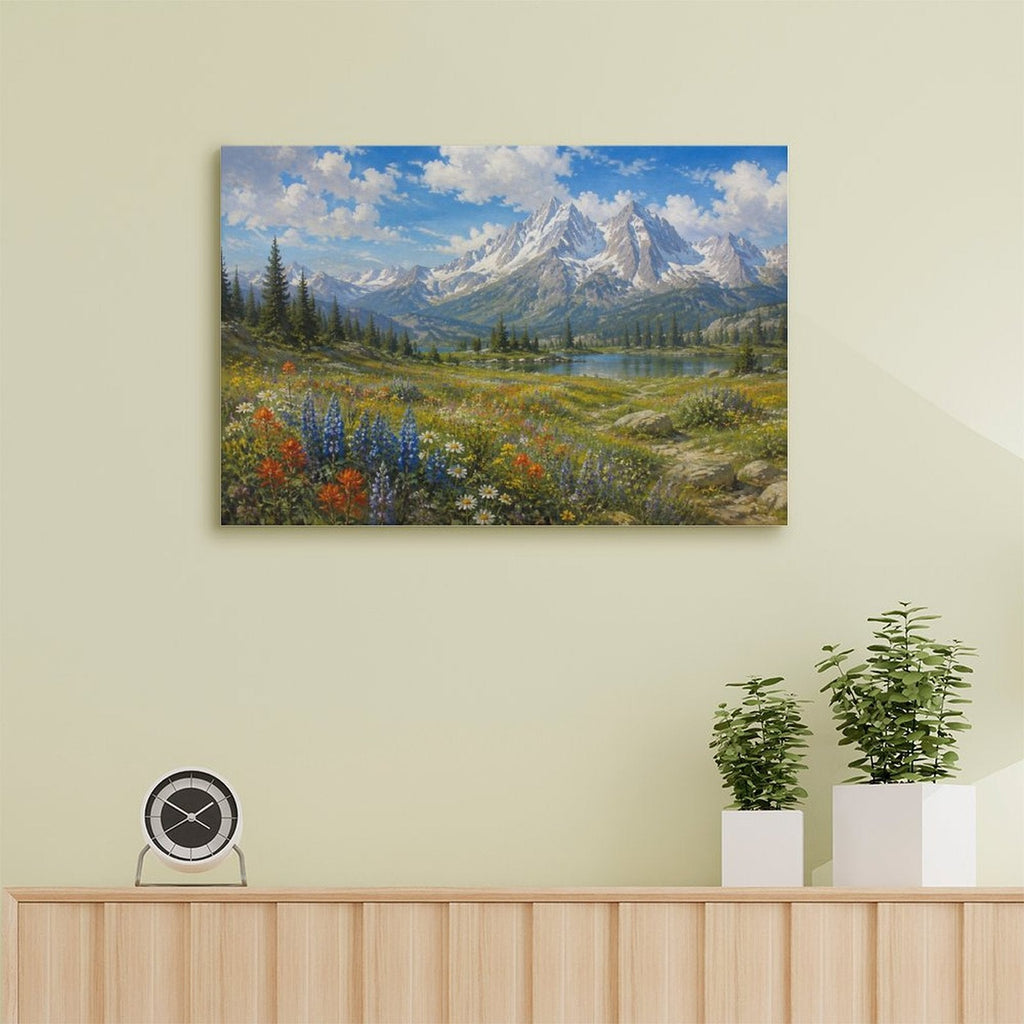 Alpine Wildflower Meadow Snow Mountain Lake Framed Canvas Wall Art | Realist Mountain Landscape Print