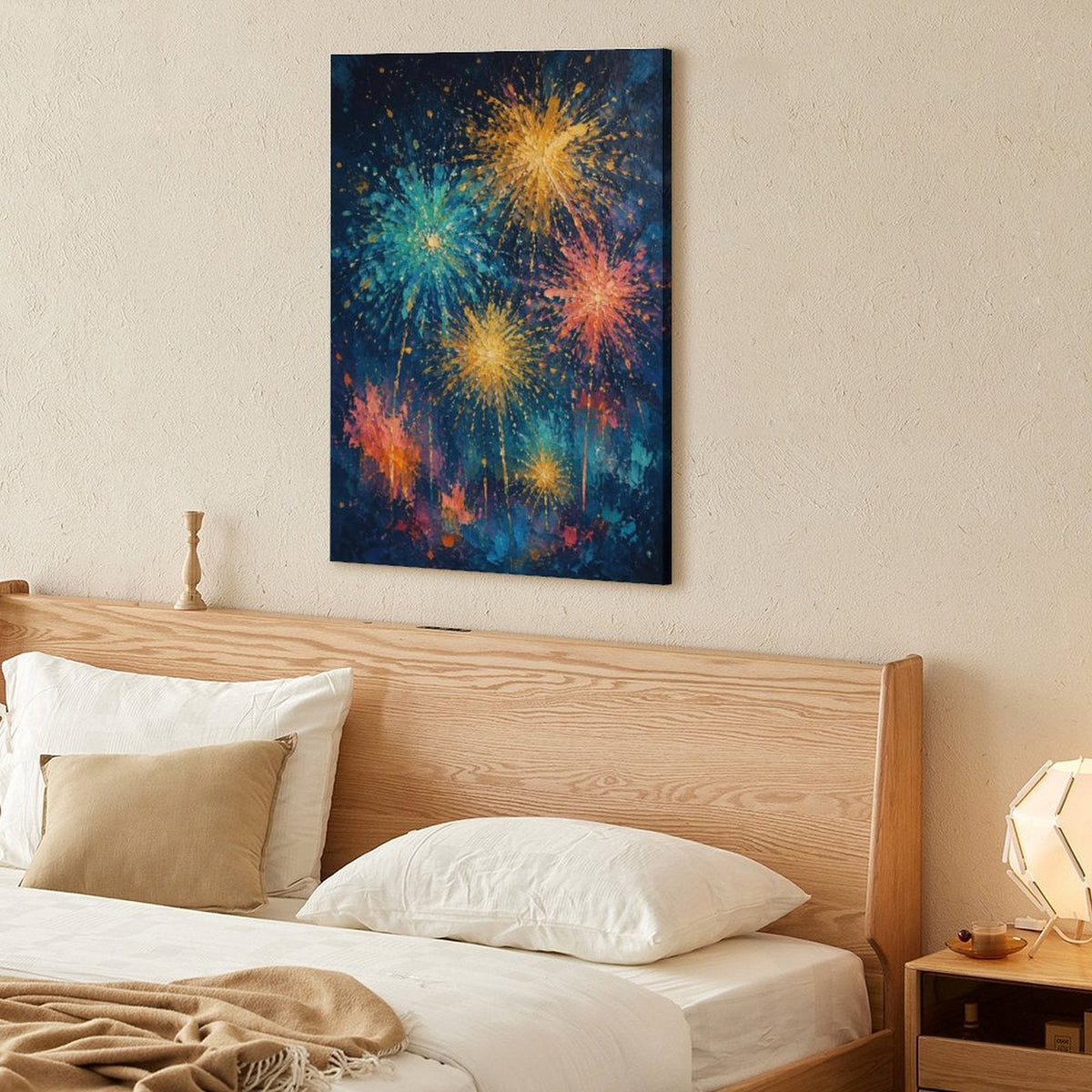 Colorful Fireworks Night Sky Impressionist Framed Canvas Wall Art | Festive Celebration Print