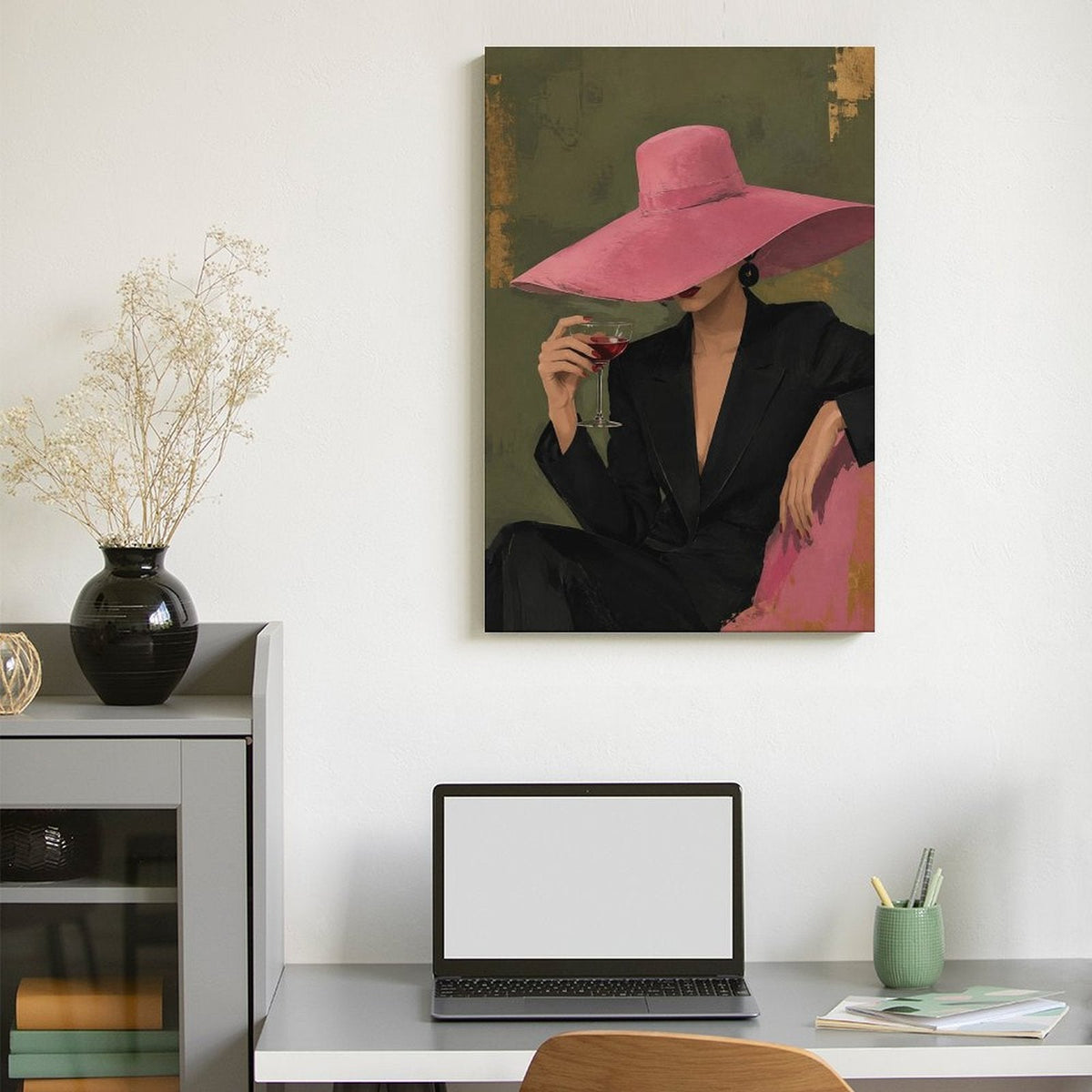 Chic Woman Pink Hat Red Wine Framed Canvas Wall Art | Vintage Fashion Figurative Print