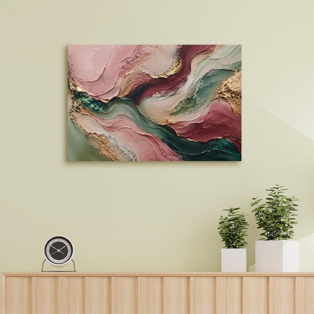 Rose Gold Teal Flowing Wave Textured Abstract Framed Canvas Wall Art | Luxury Palette Knife Print