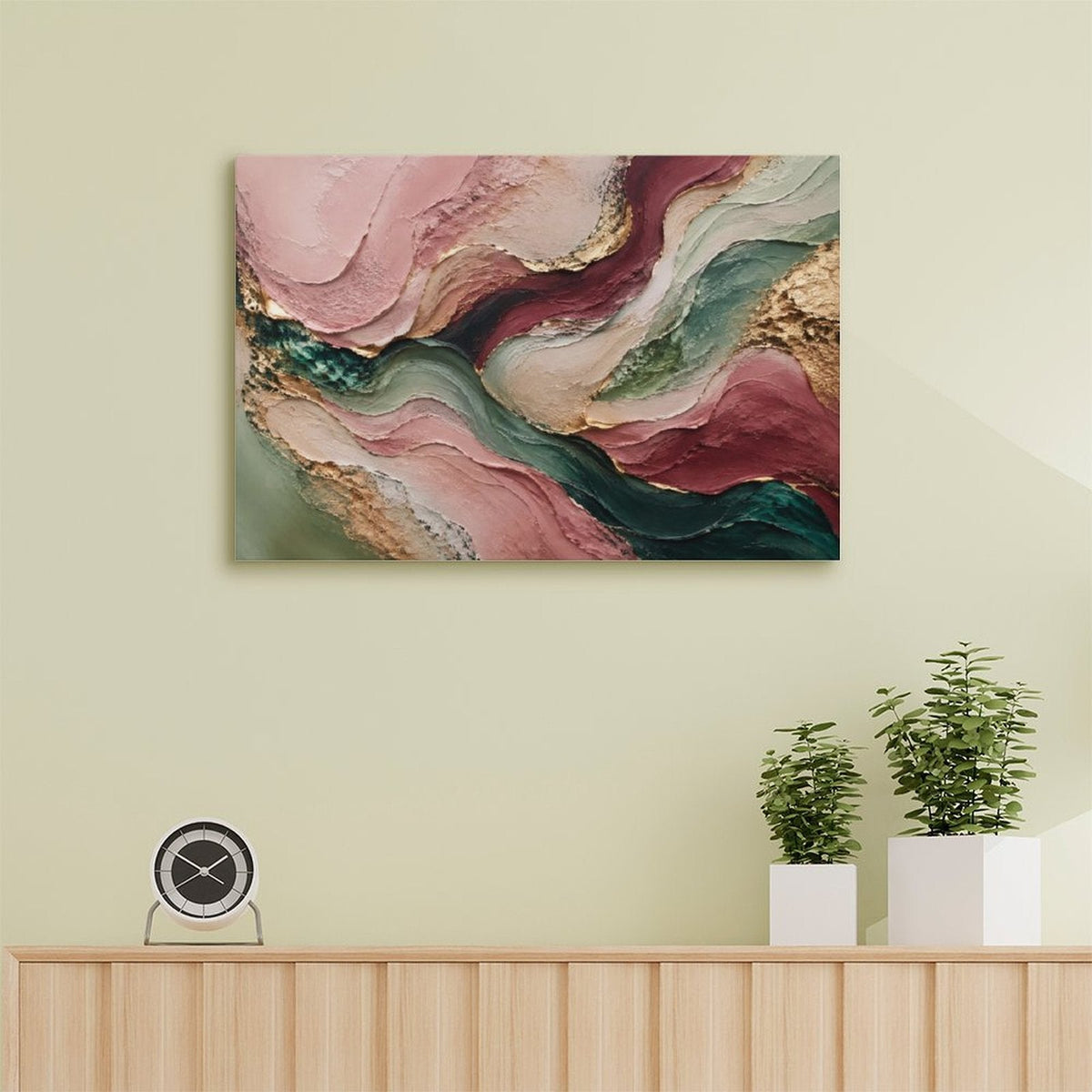 Rose Gold Teal Flowing Wave Textured Abstract Framed Canvas Wall Art | Luxury Palette Knife Print