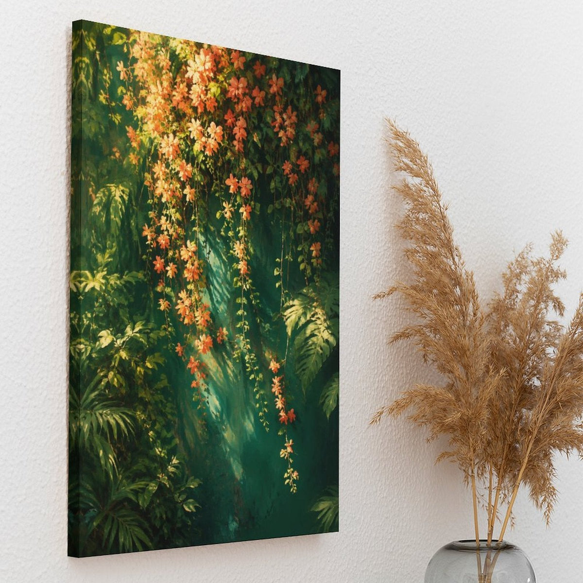 Tropical Rainforest Hanging Orange Flowers Framed Canvas Wall Art | Lush Botanical Nature Print