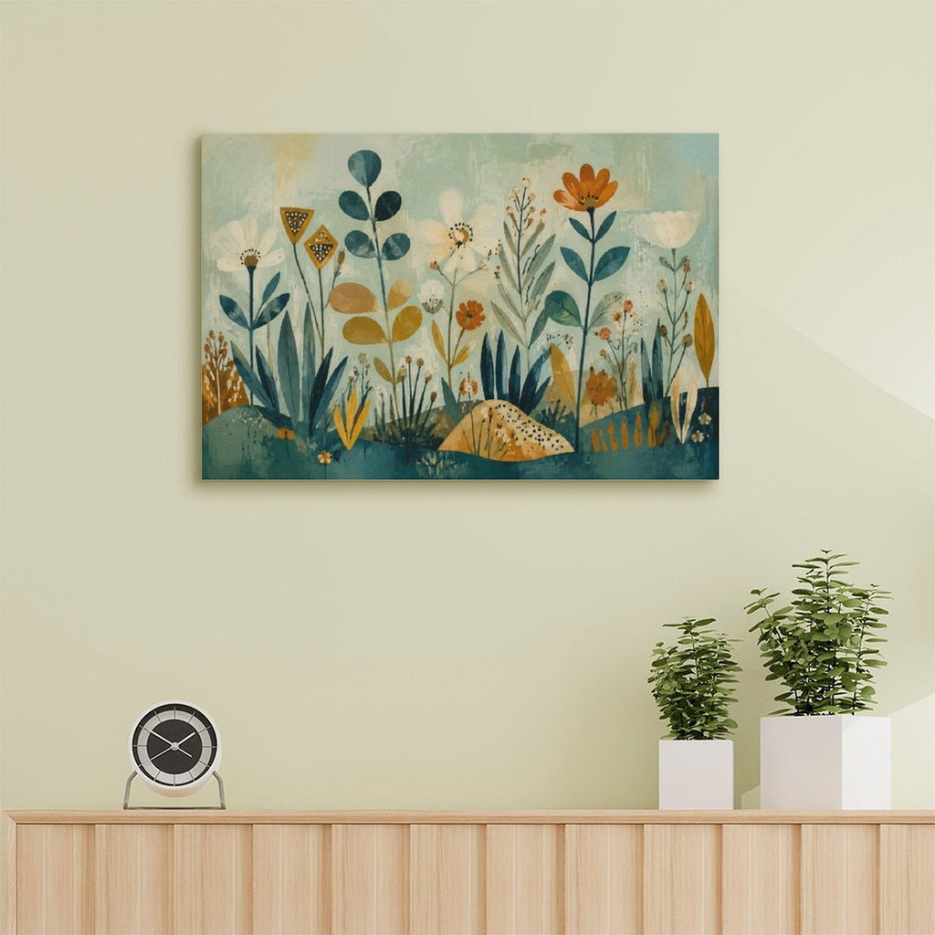 Nordic Folk Art Wildflower Botanical Framed Canvas Wall Art | Teal Gold Vintage Illustration Print