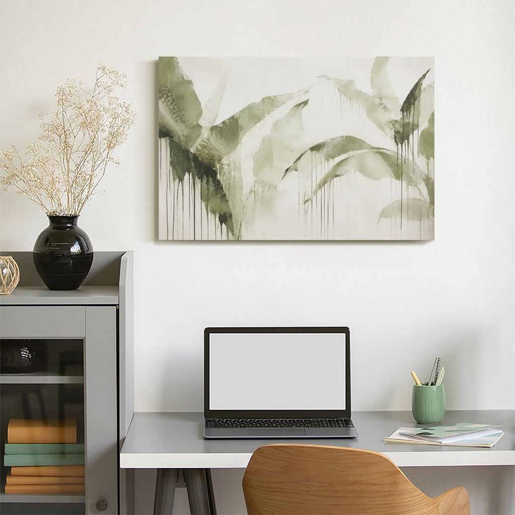 Olive Green Tropical Leaf Drip Watercolor Framed Canvas Wall Art | Minimalist Botanical Print