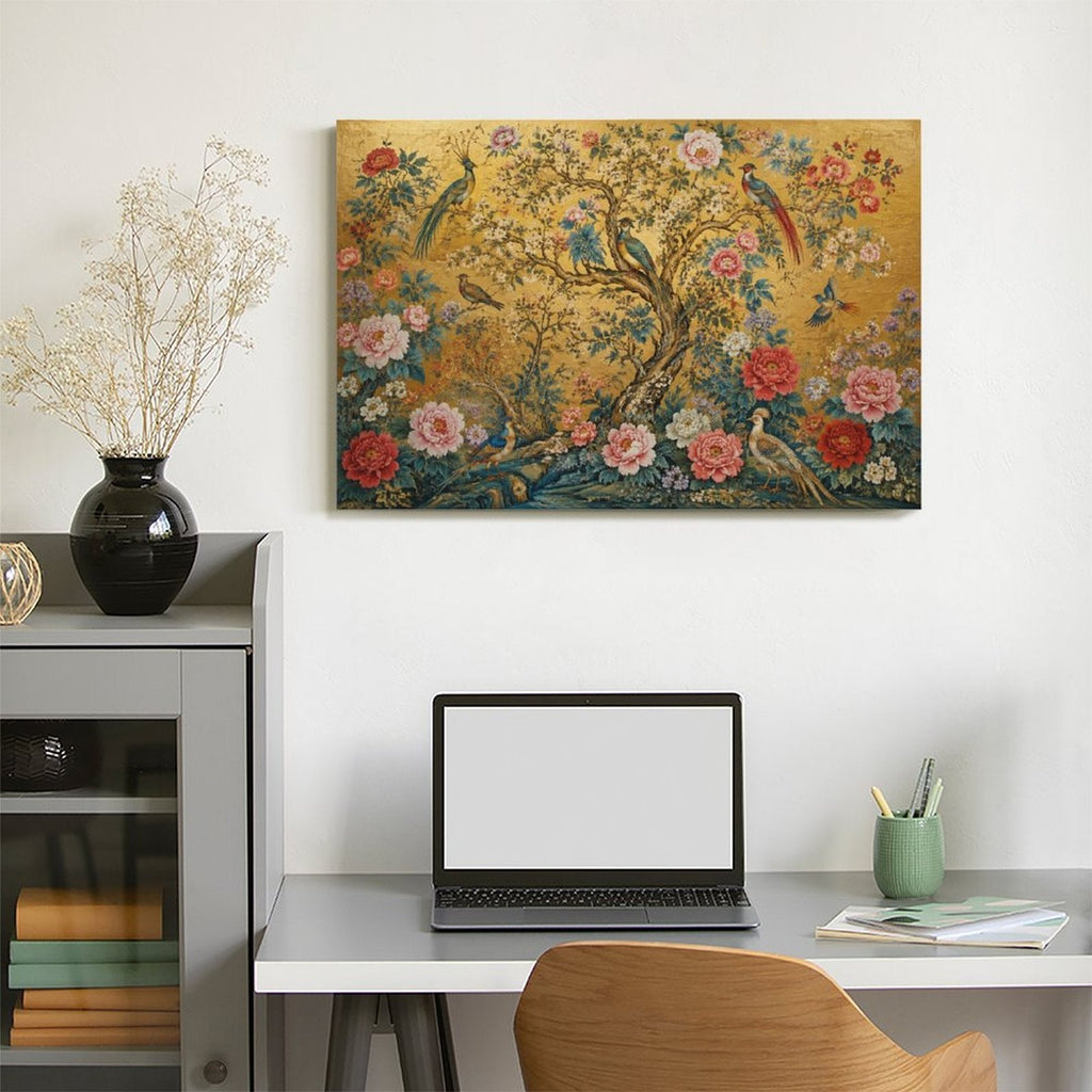 Chinese Imperial Flower & Bird Gold Framed Canvas Wall Art | Chinoiserie Peacock Peony Print
