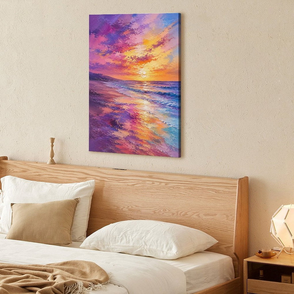 Purple Orange Sunset Beach Framed Canvas Wall Art | Vibrant Coastal Seascape Print