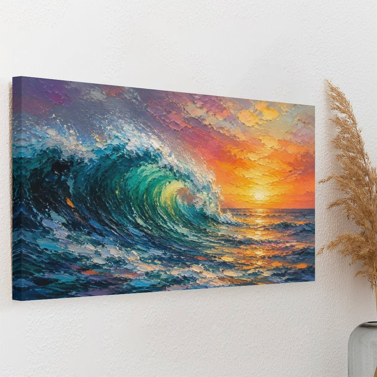 Crashing Ocean Wave Sunset Framed Canvas Wall Art | Impressionist Seascape Print